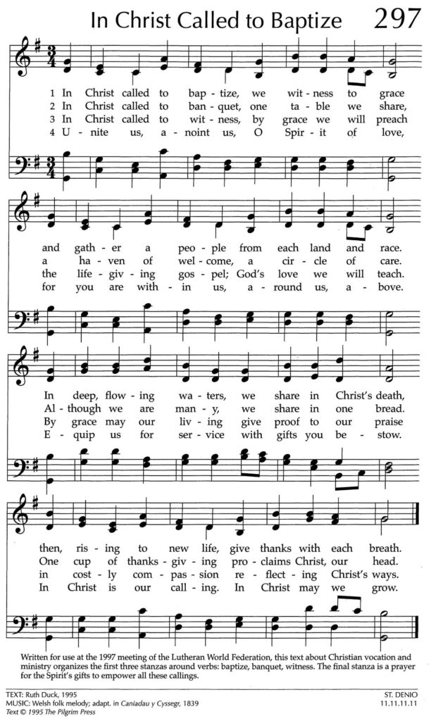Hymnal page, "In Christ Called to Baptize," 297