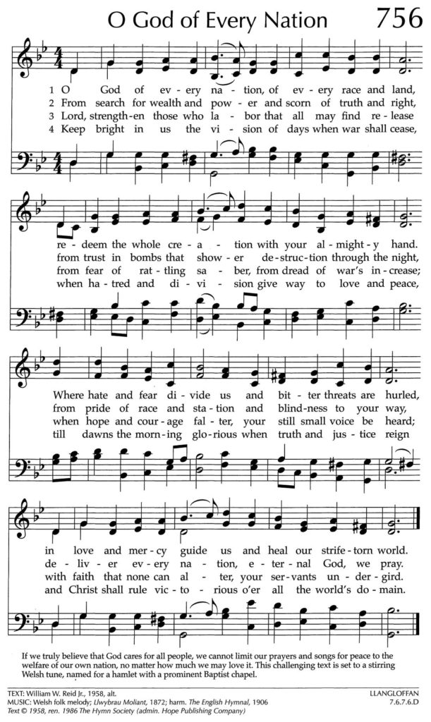 Hymnal page: "O God of Every Nation," 756