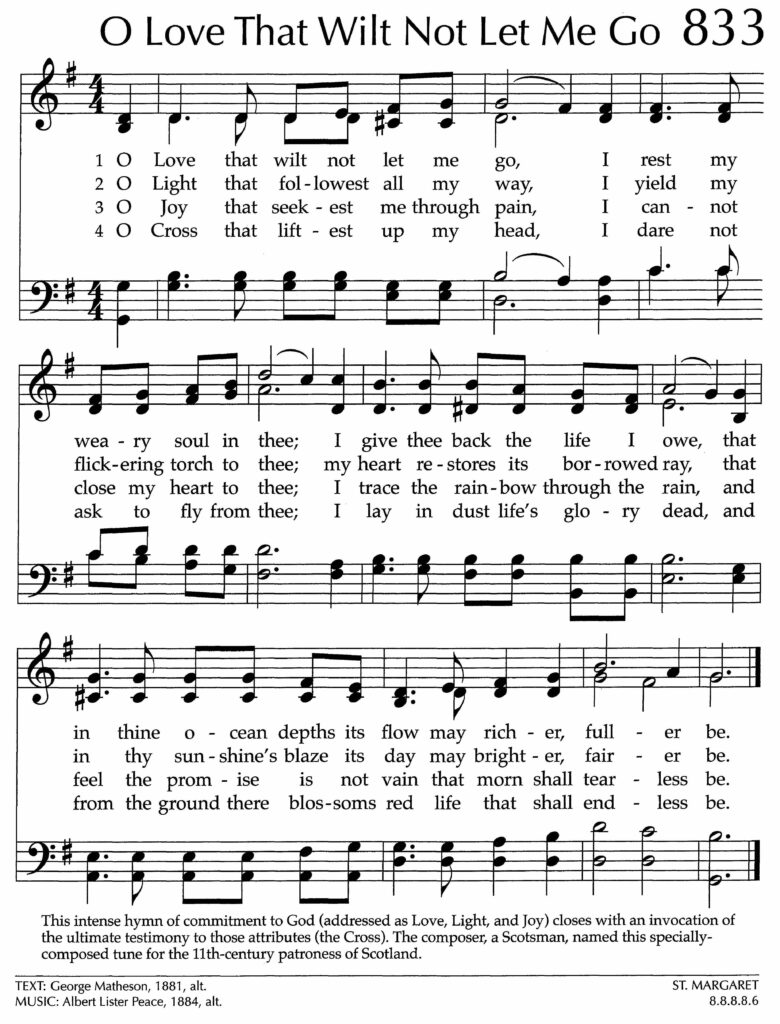 Hymnal page: "O Love That Wilt Not Let Me Go," 833