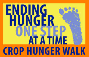 Yellow rectangle with an orange border and a blue footprint. Blue text reads, "Ending Hunger One Step at a Time / Crop Hunger Walk."